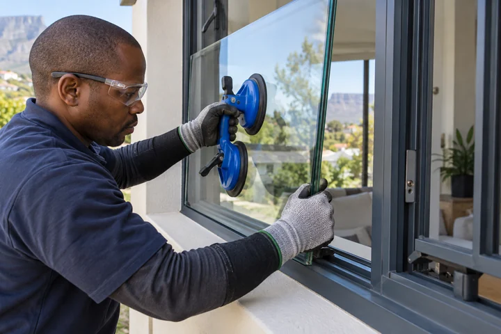 Glazier wearing protective gloves and safety glasses fits a replacement glass panel into an aluminium window