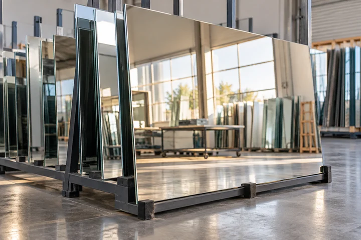 Mirror glass sheets stored in a supply workshop